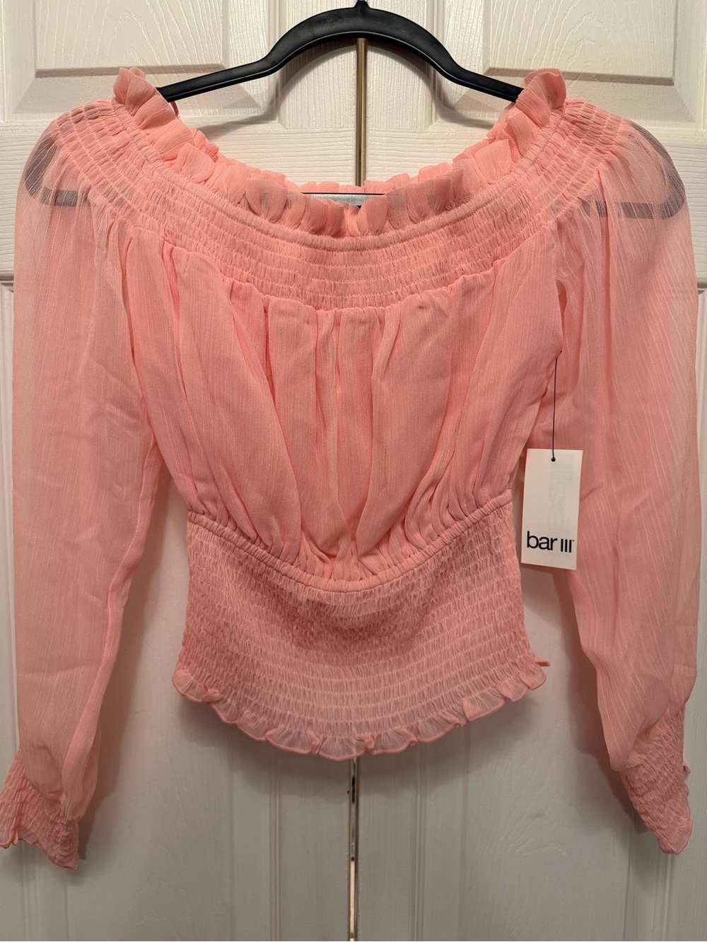 Bar III Light Pink Smocked Off-Shoulder Blouse